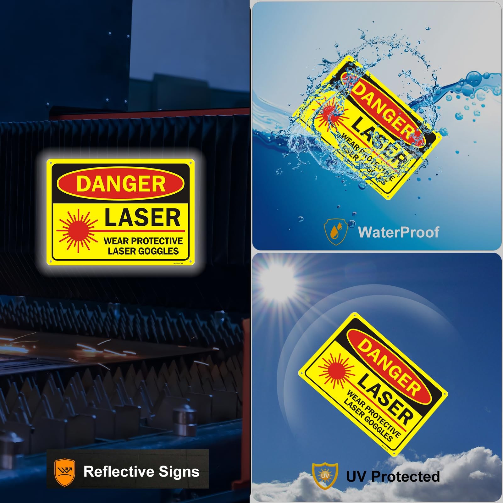 Danger Laser Sign Wear Protective Goggles Reflective Aluminum 10×7 Inch 2 PCS