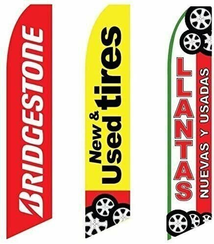 3 Swooper Flags Red & Yellow Bridtestone New & Used Tires Sale Banners Open