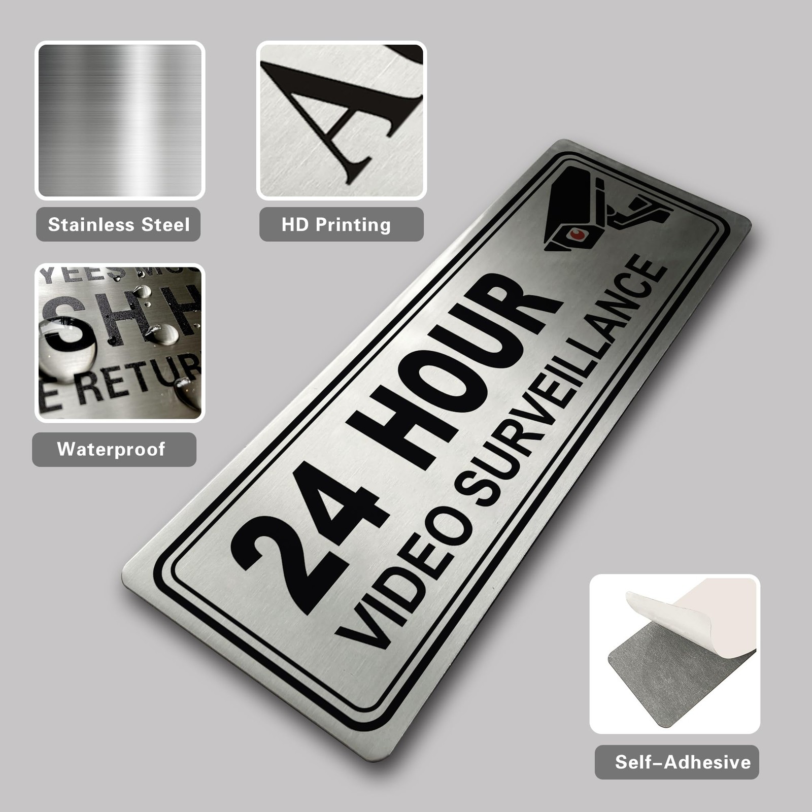 1 PCS Metal Stainless Steel 24 Hour Video Surveillance Sign 9×3 Inch Set