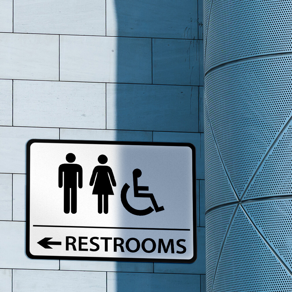 Horizontal Metal Sign Restrooms Left Directional Brushed Aluminum Right
