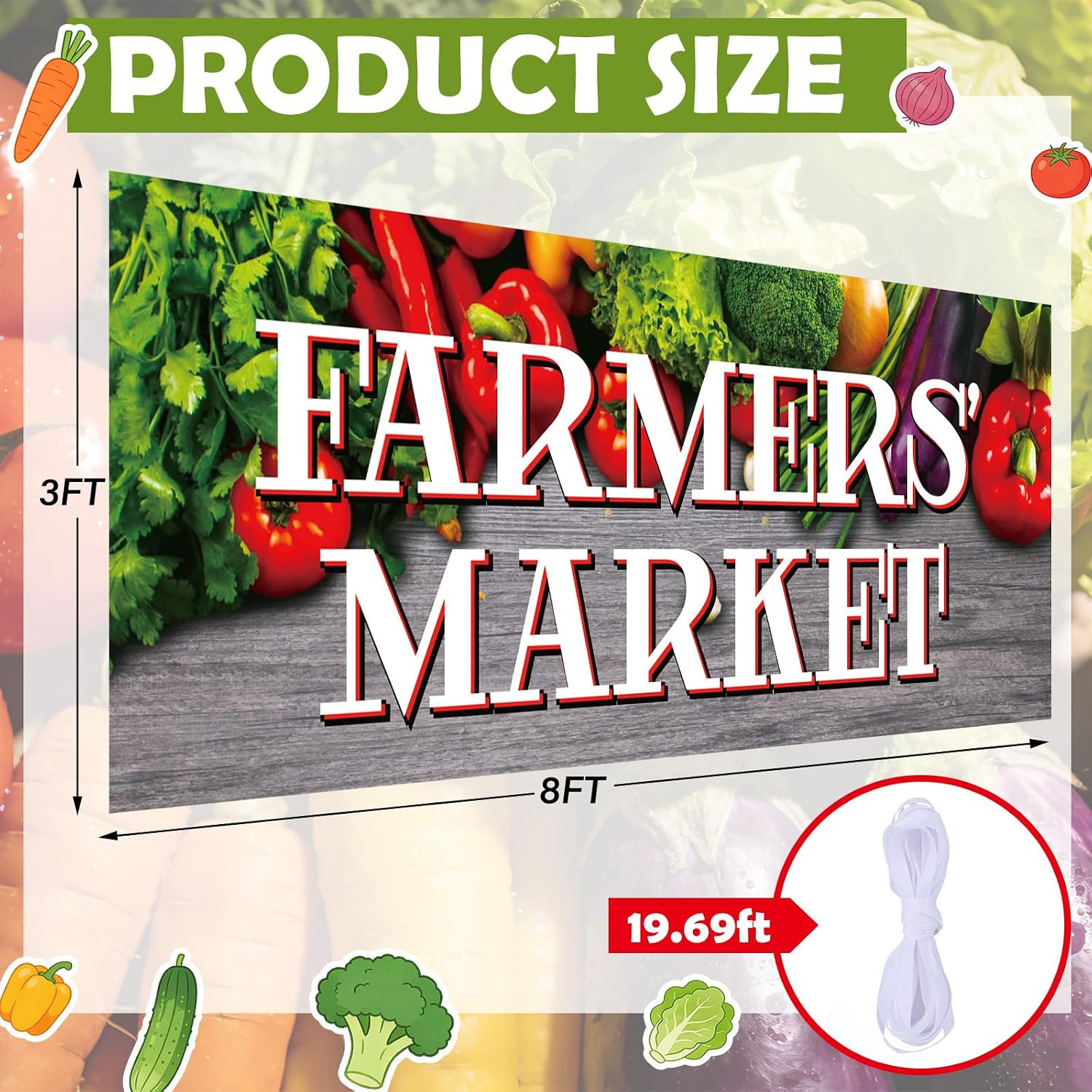 3X8 Ft Farmers&rsquo; Market Polyester Banner Sign with 4 Holes 1 Ribbon for Easy Hang