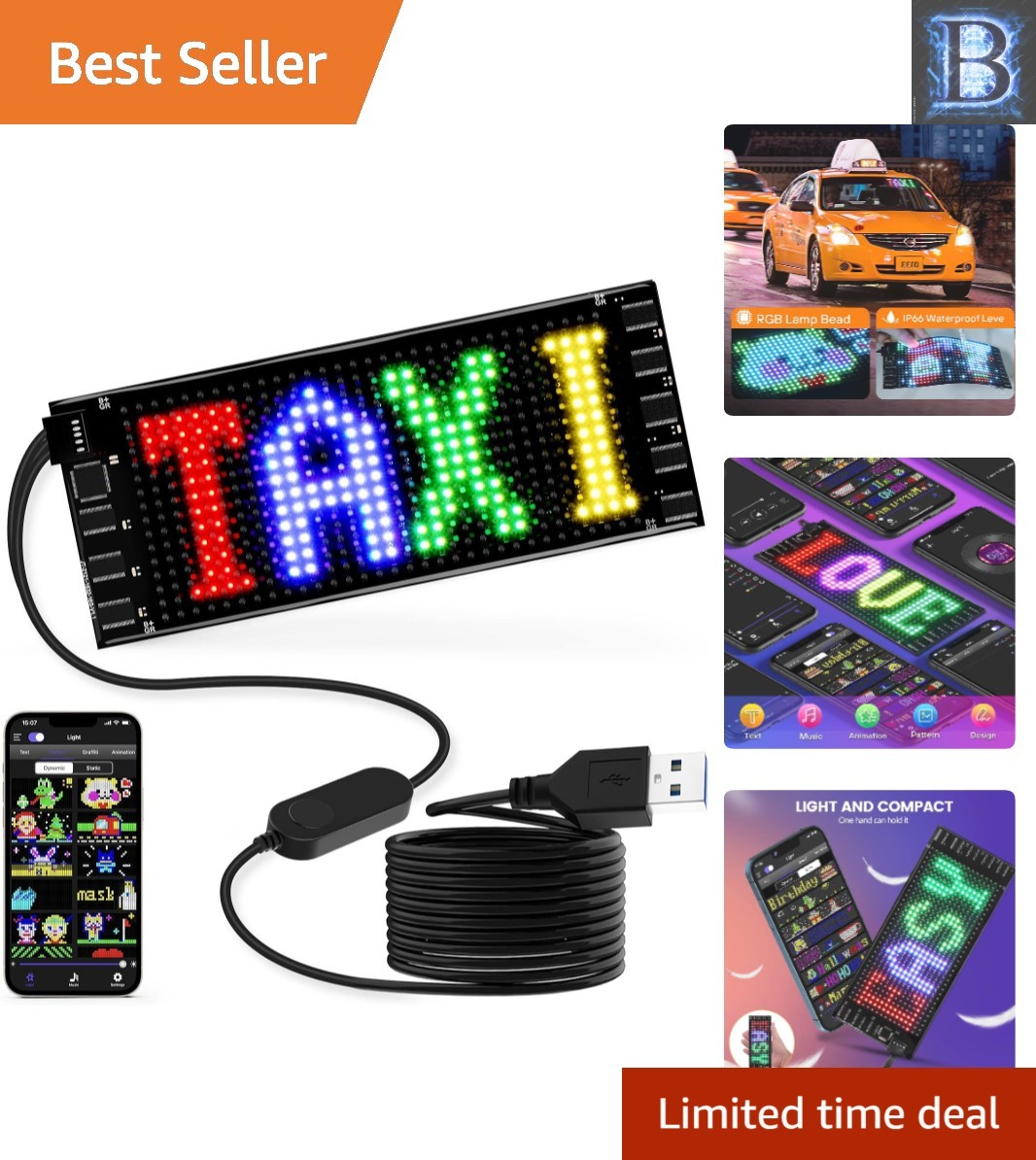 Colorful 7 »x3 » USB LED Sign with App Control – Perfect for Car Decorations