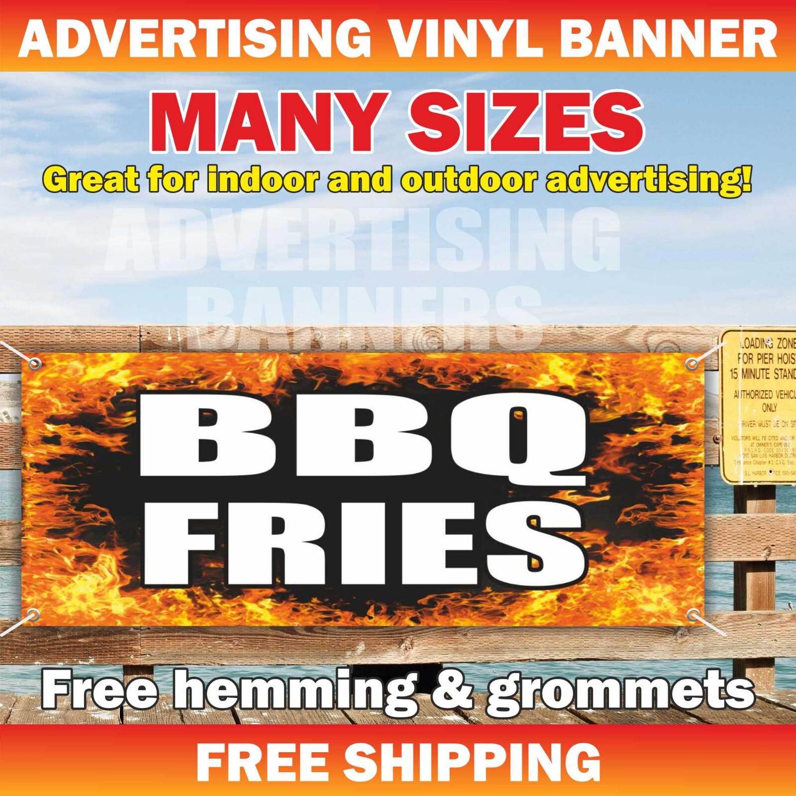 BBQ FRIES Advertising Banner Vinyl Mesh Sign Barbecue Buffet Burger Food Truck