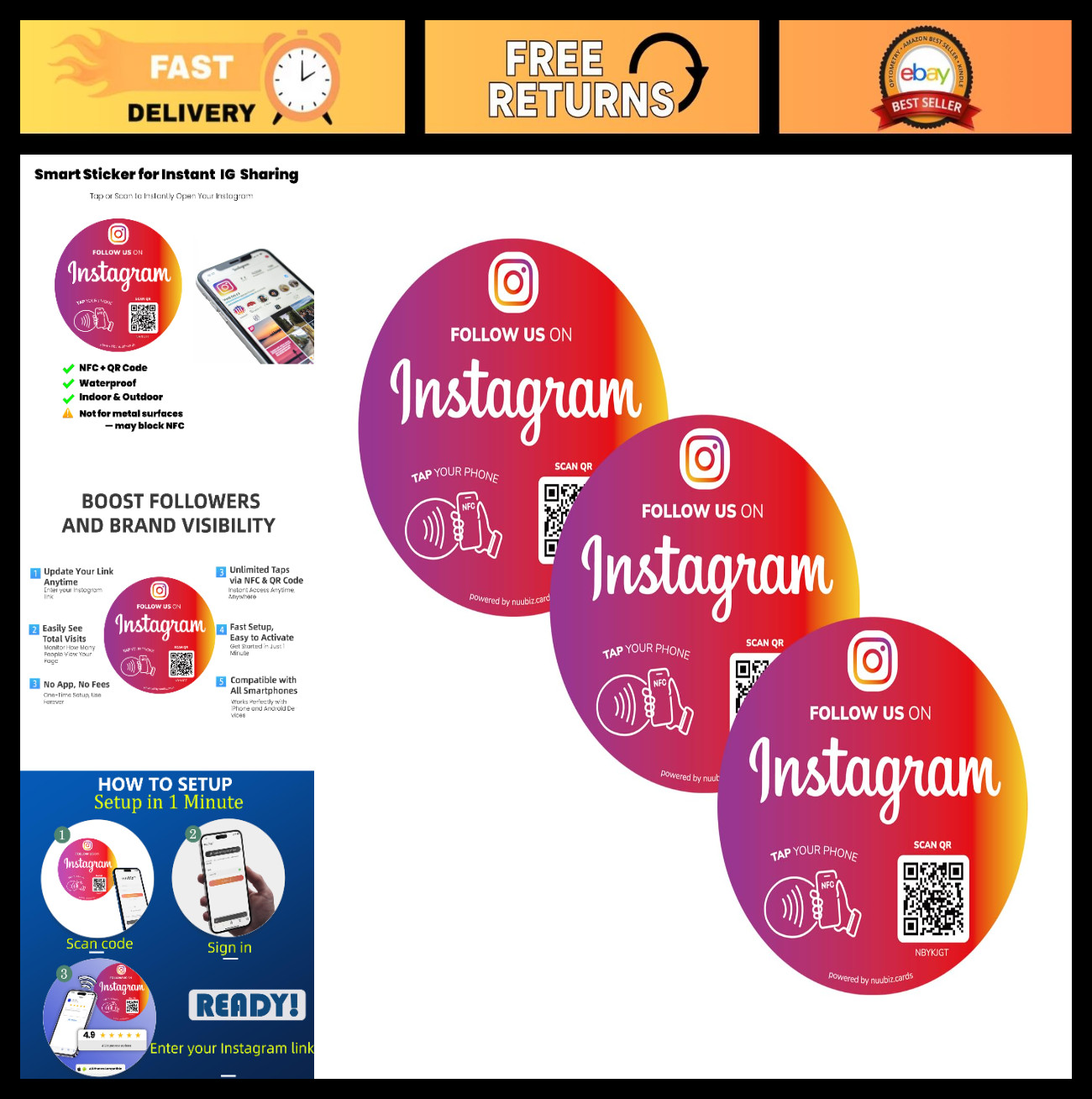 NFC QR Code Stickers for Social Media – 3 Pack, Waterproof, Tap/Scan to Follow