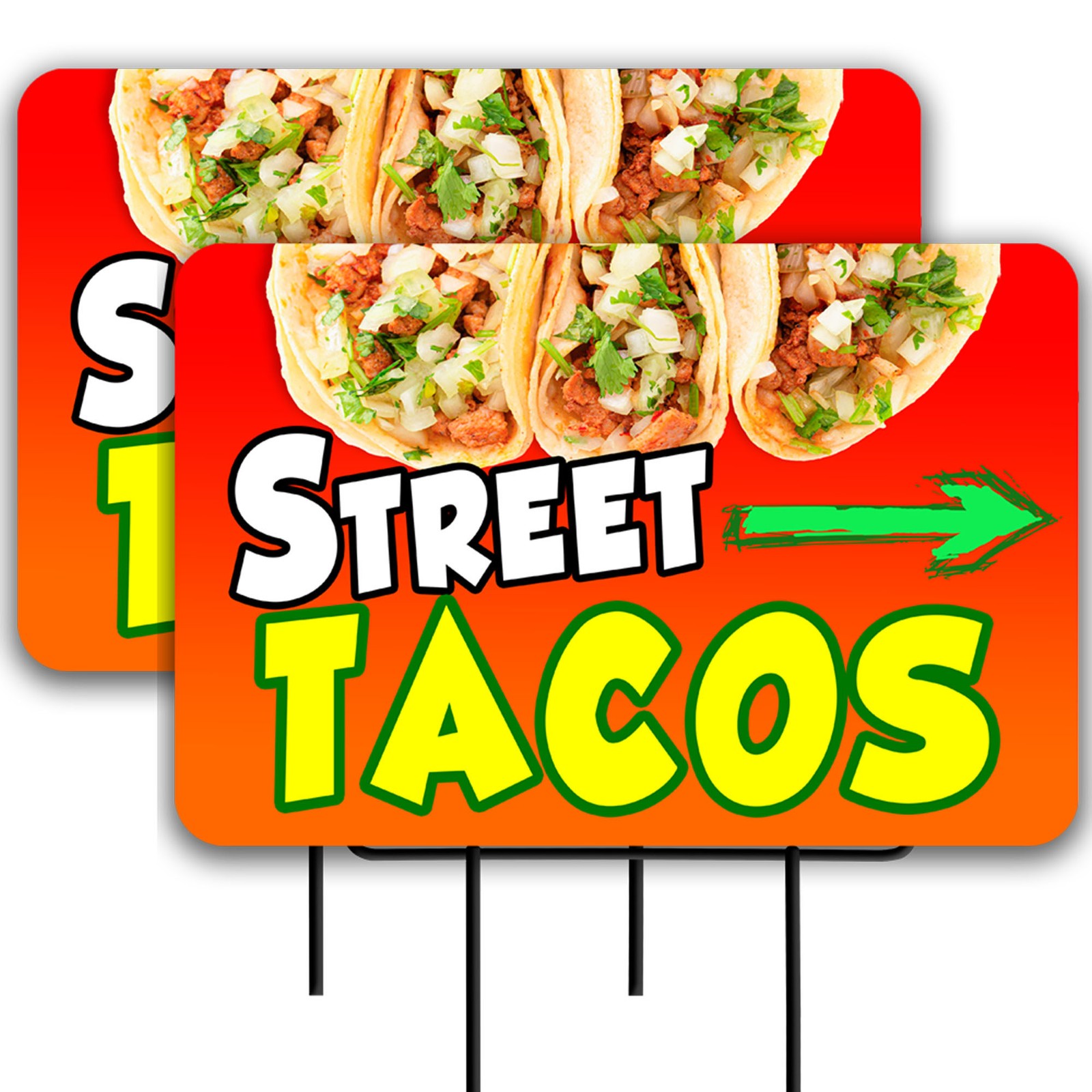 Street Tacos (red) 2 Pack Double-Sided Yard Signs 16&Prime; x 24&Prime; with Metal Stakes (M