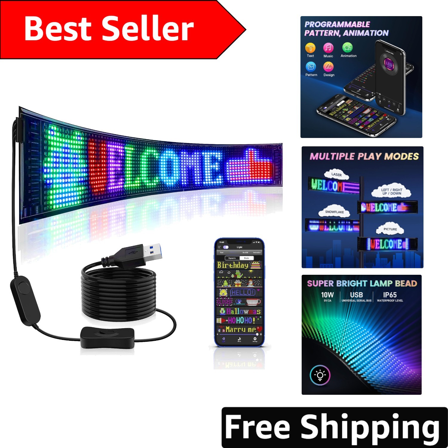 Bright 27 »x5 » LED Store Sign – App-Controlled Programmable Animation Display
