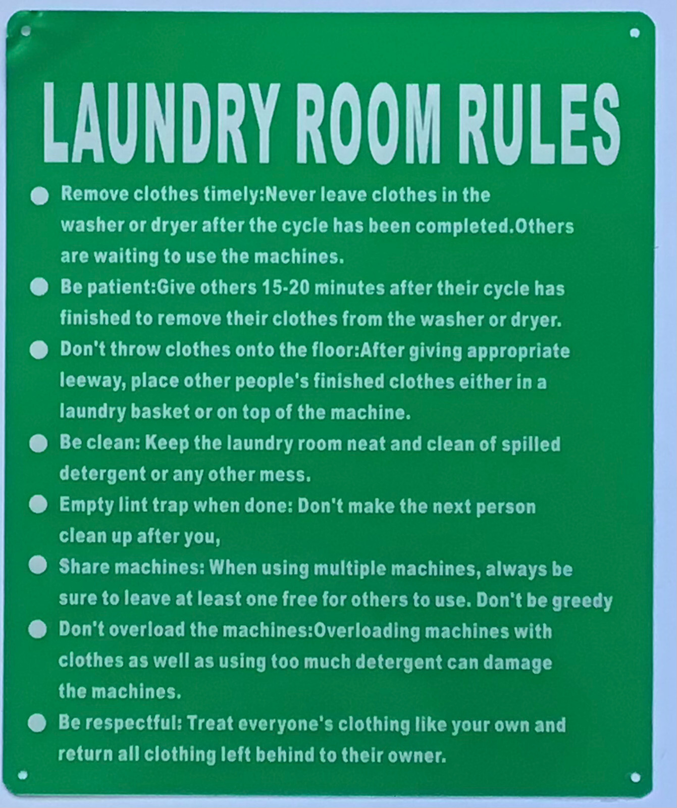 LAUNDRY ROOM RULES SIGN (10X12, Green, Aluminum)