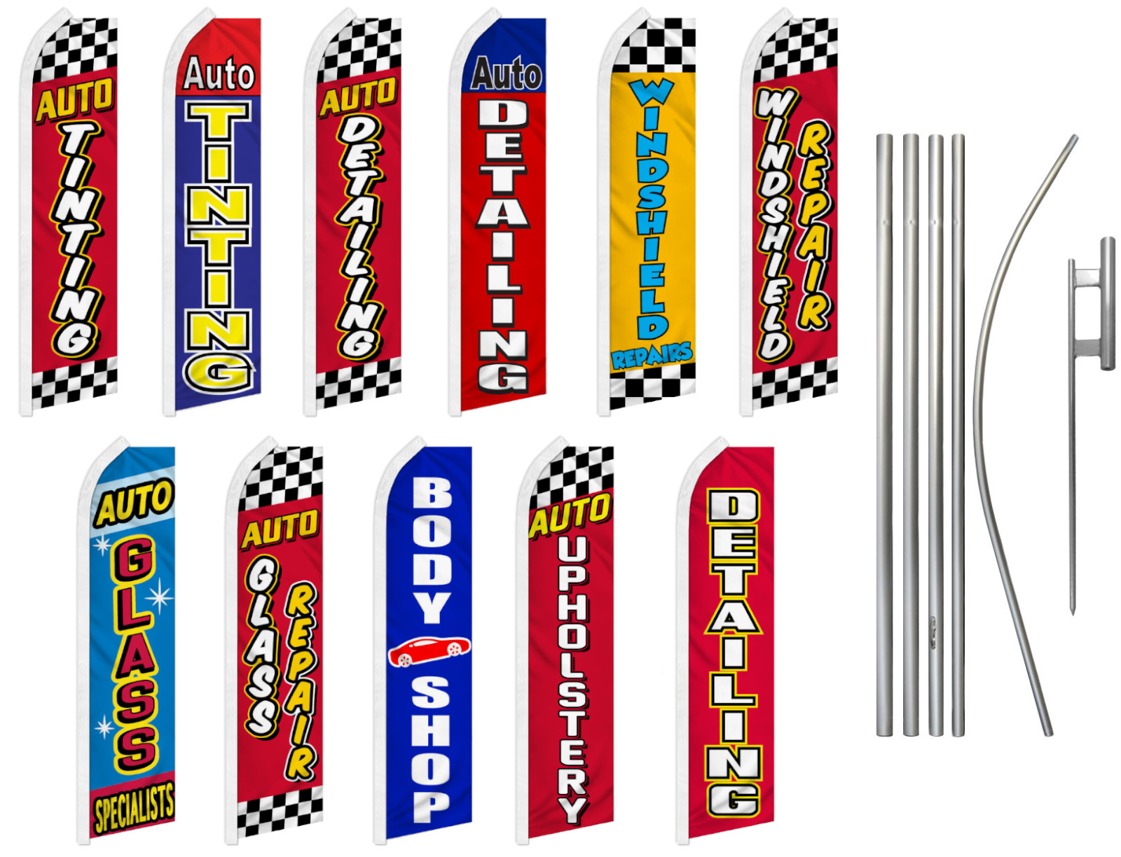 Auto Body Shop Advertising Swooper Flutter Feather Flag Kit Banner Tinting Glass