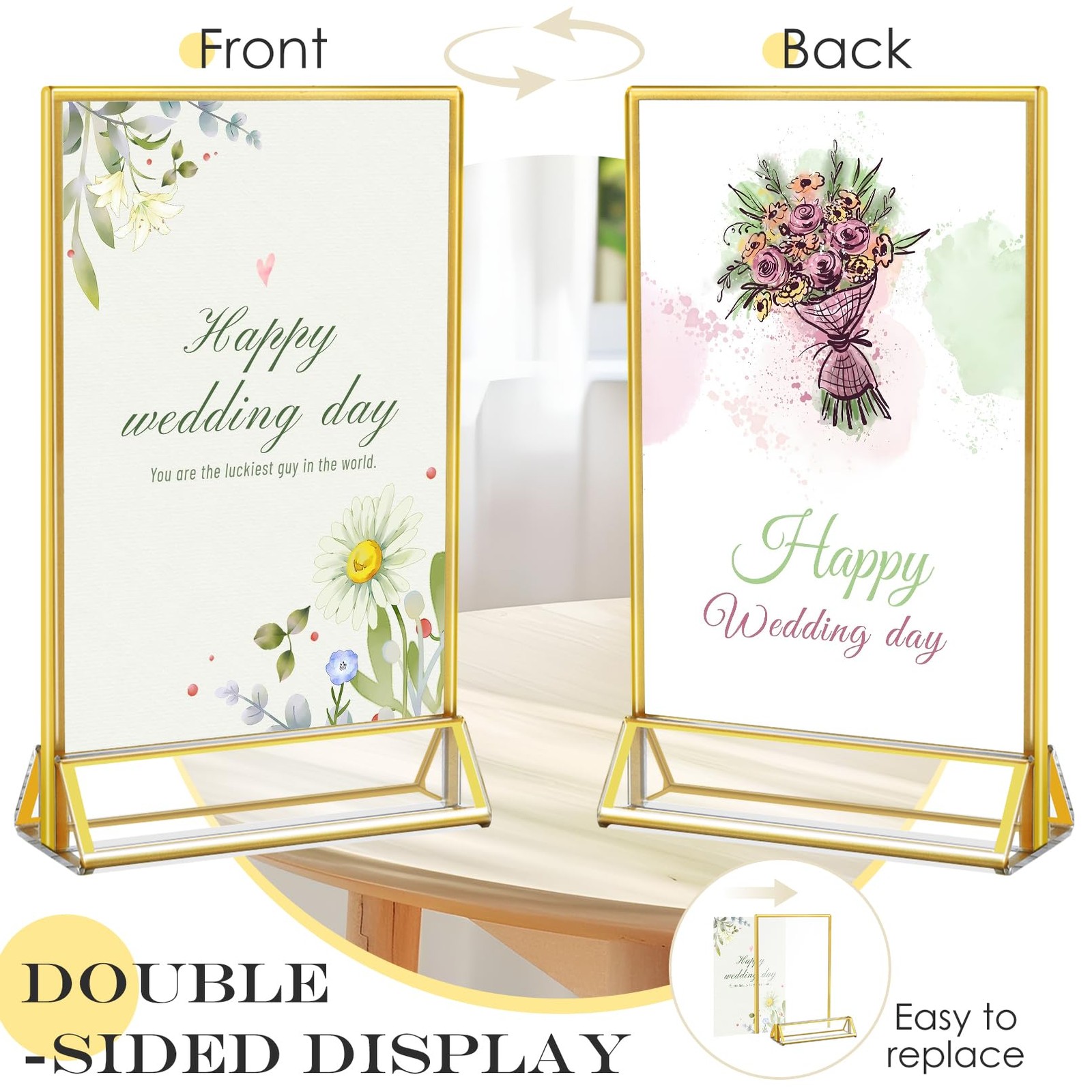 PUREZON 12 Pack Acrylic Sign Holder, 4 x 6 Gold Picture Frame, Double golden