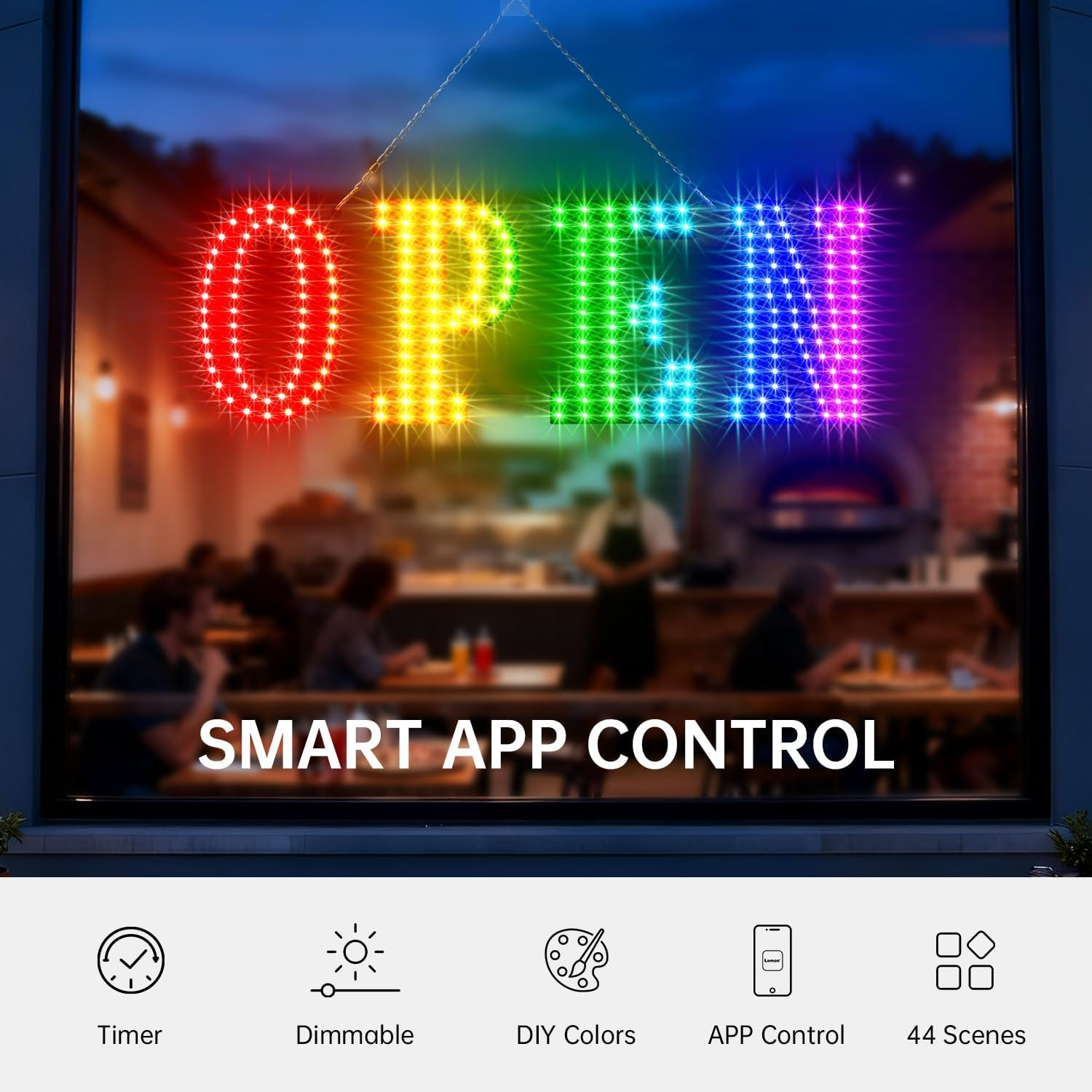 OPEN Sign for Business, 30&Prime; X 10&Prime; LED Open Sign with 16 Million Colors, APP