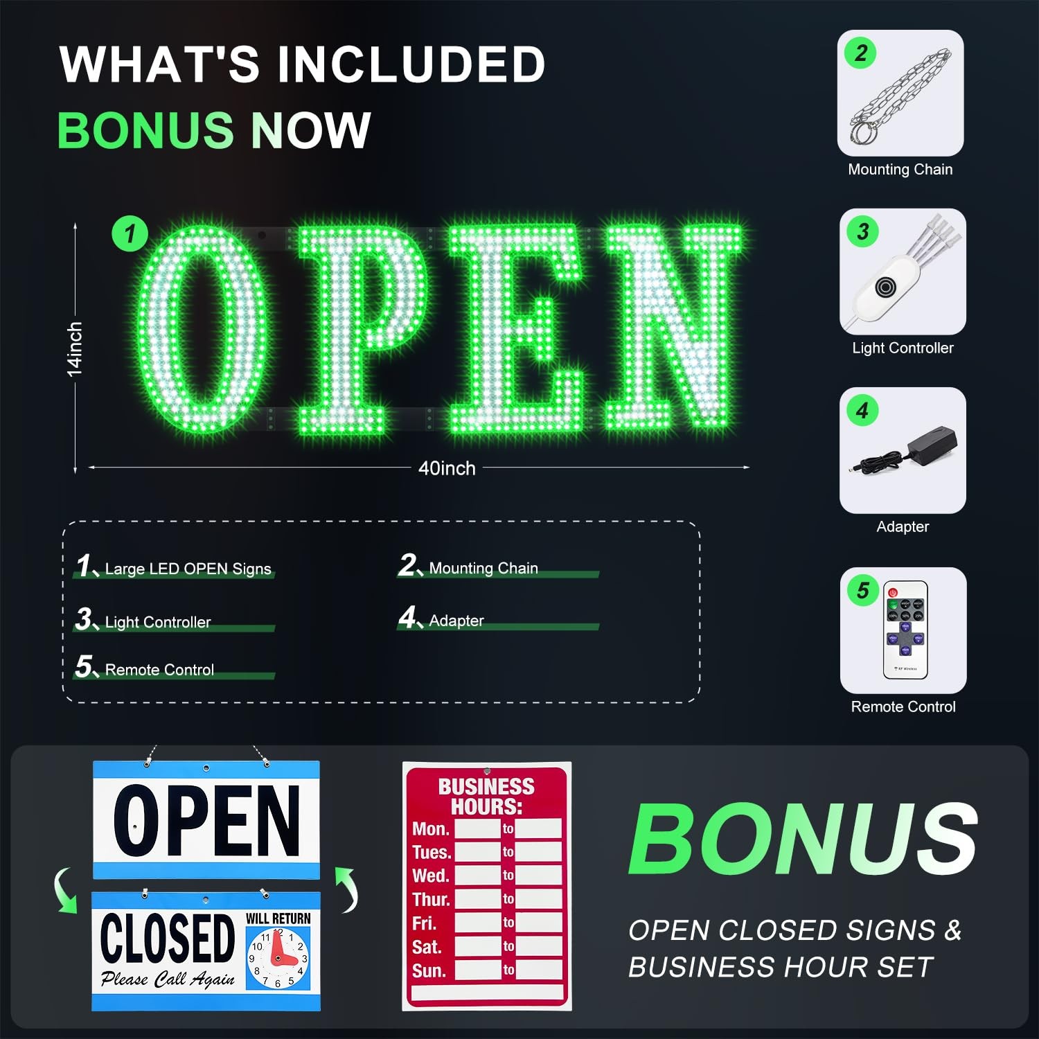 Open Sign for Business 40&Prime; x 14&Prime;, Bright LED Open Sign with Remote Control, 1…