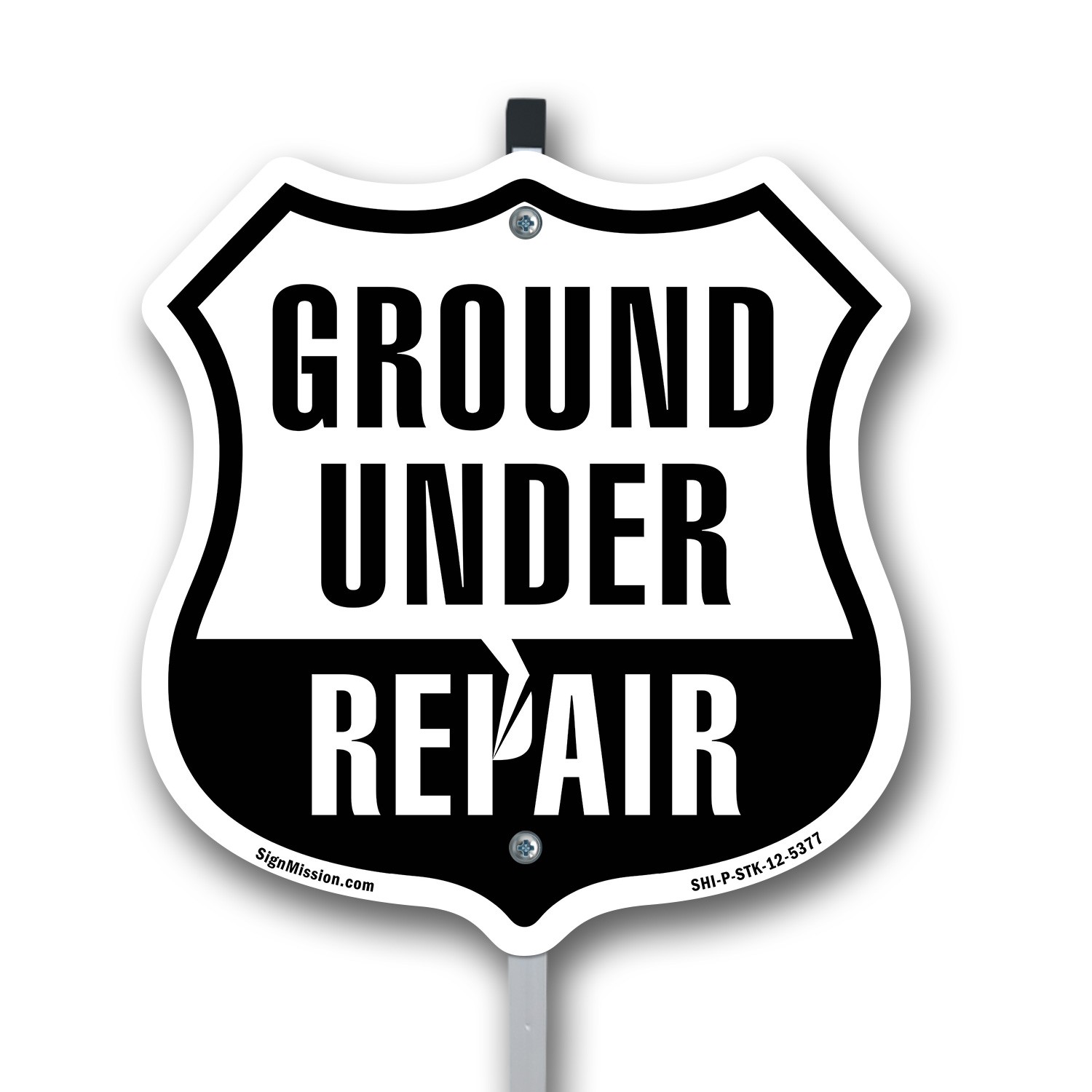 Ground Under Repair Shield Shaped Sign With Stake Crafted in the USA