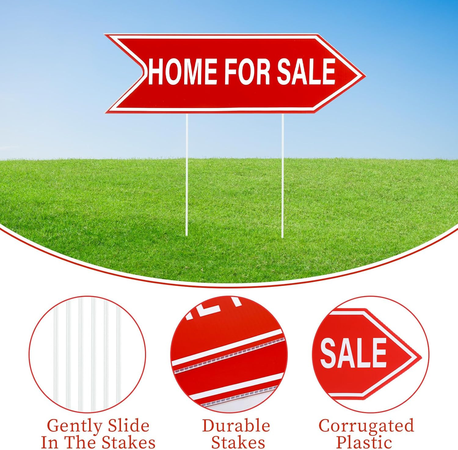 12 Pcs Home for Sale Signs with Stakes 16&Prime; X 5&Prime; Double Sided Red Arrow Large Hom