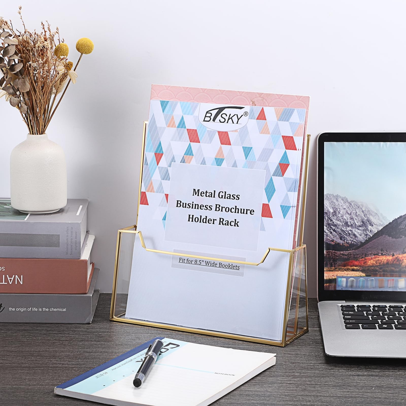 BTSKY Golden Glass Brochure Holder 8.5 x 11 Inches, Countertop Clear+Gold