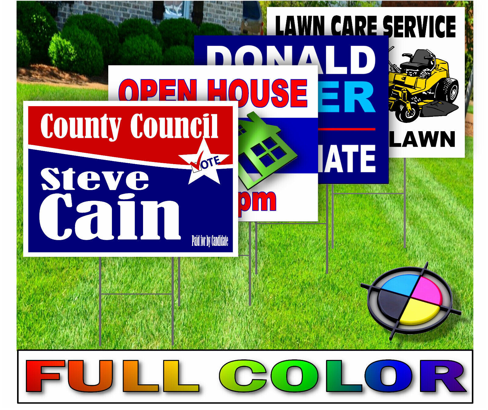 50 Custom Yard Signs 18×24 Full Color Double Sided 30 inch Stakes Included