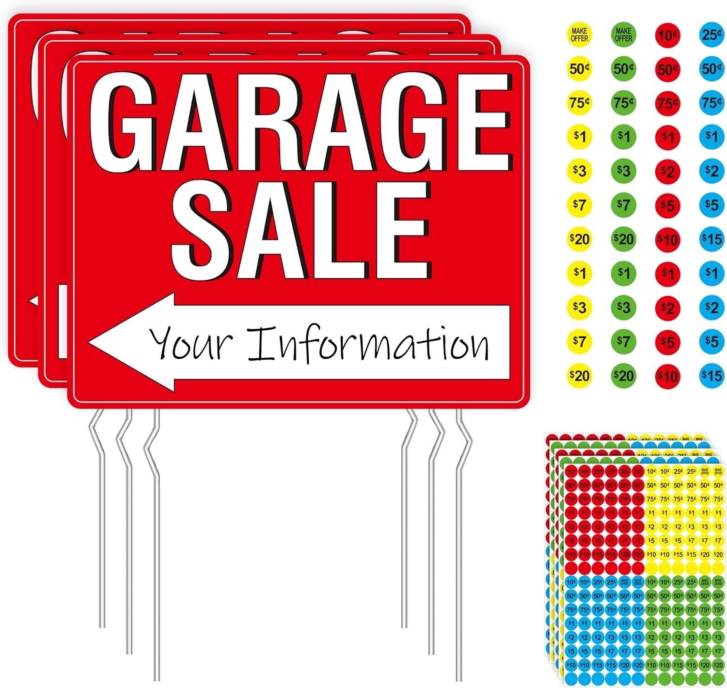 Garage Sale Sign, 3PCS Double Sided Yard Sale Signs with 6 Metal Stakes & 960…