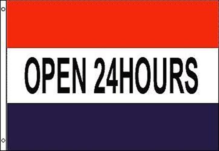 High Quality Open 24 Hours Polyester Flag Banner Sign | 3&rsquo;x 5&prime; | All Weather