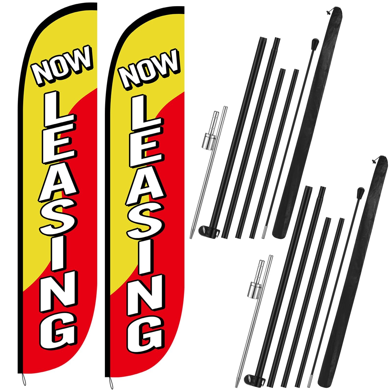 2 Pcs Now Leasing Feather Flag Pole Kit 15 ft Red and Yellow Now Leasing Adve…