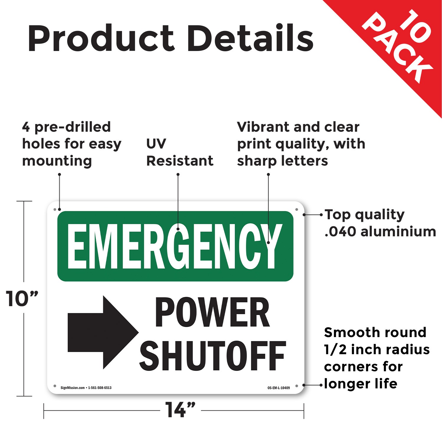 Power Shutoff [Right Arrow] With Symbol OSHA Emergency Sign, Decal 5 or 10 Pack