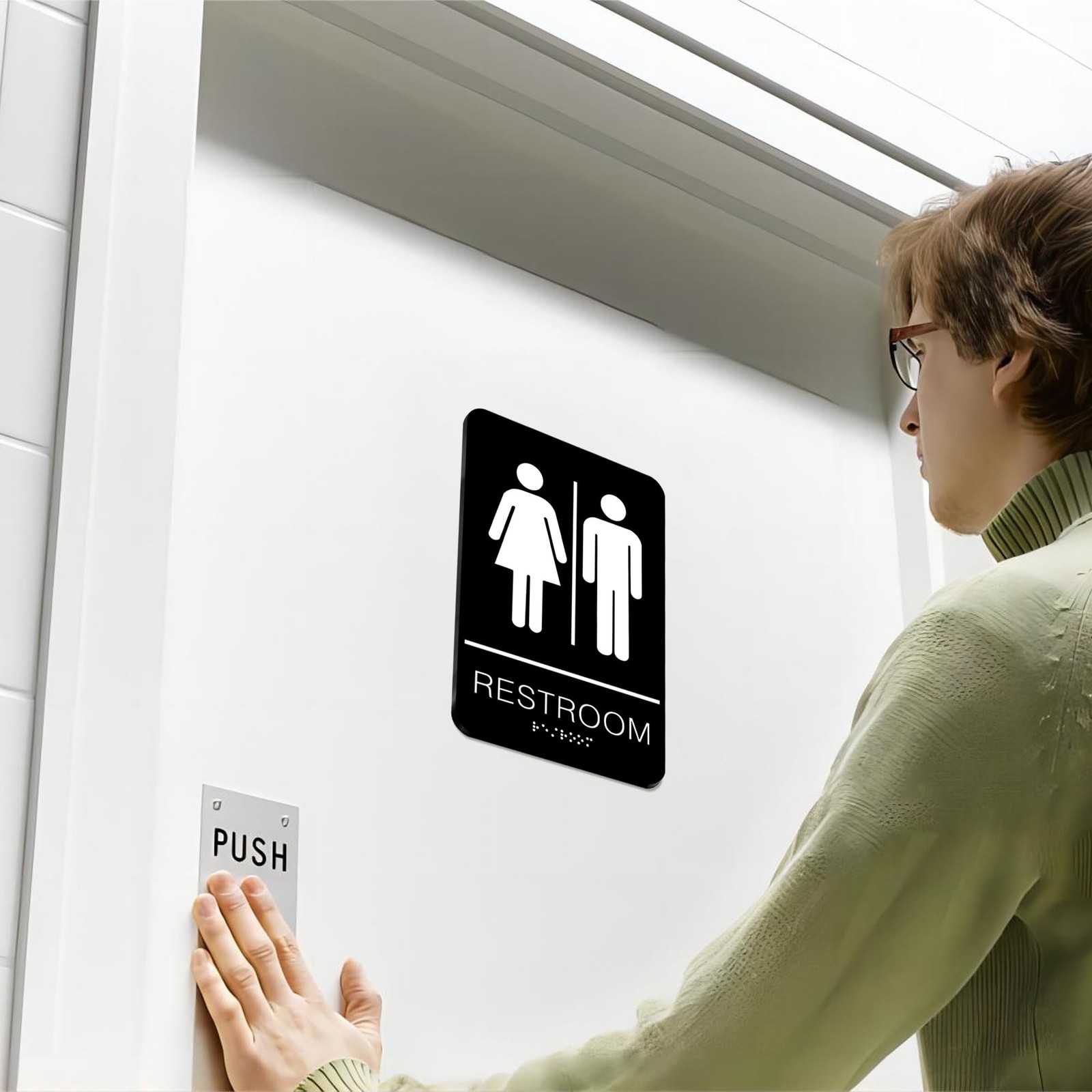 ADA Braille Unisex Restroom Sign 6×9 Inch Black Plastic Wall Door Mount