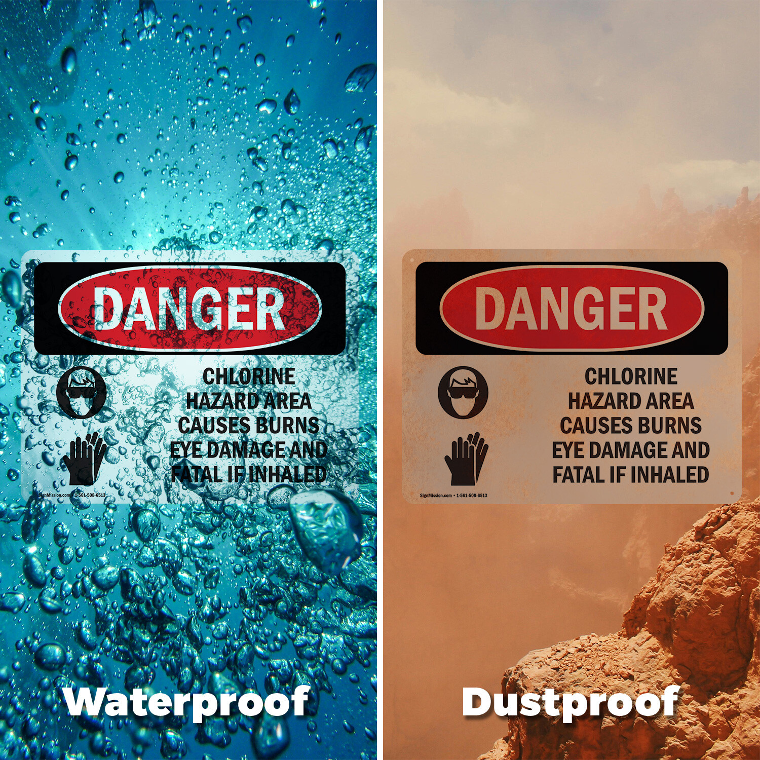 (2 Pack) Chlorine Hazard Area OSHA Danger Sign Decal Metal Plastic