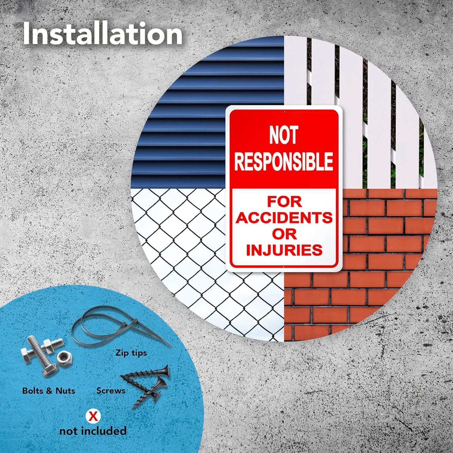 2-pack Property Warning Sign: Not Responsible for Accidents or Injuries, 10&Prime; X 7