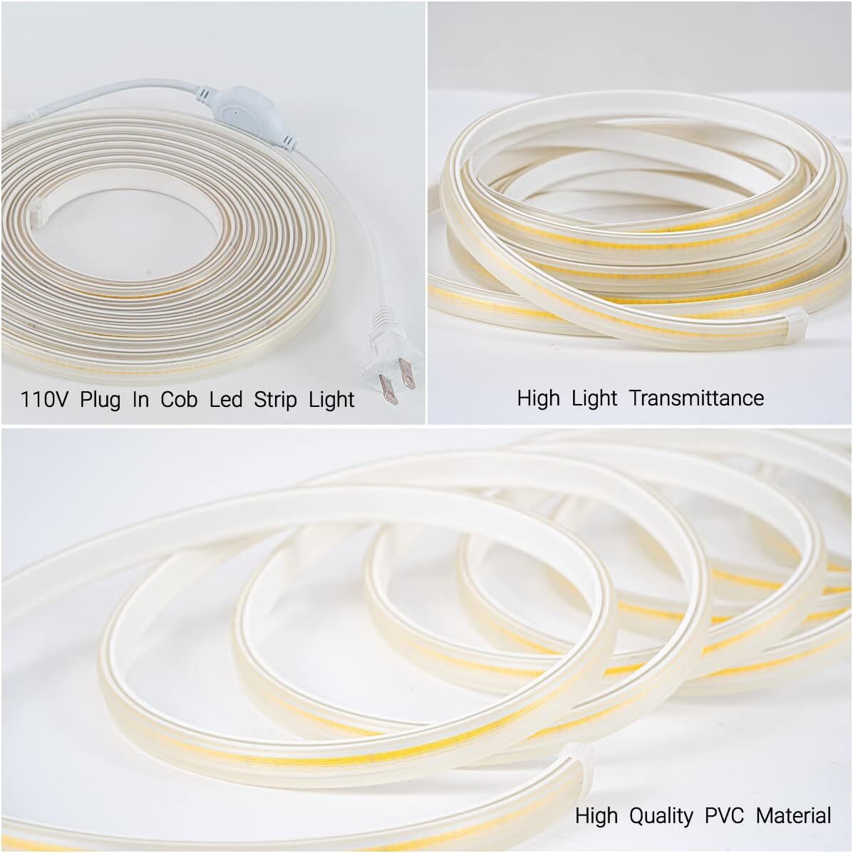 Cold White 50&prime; 480leds/m COB LED Strip Lights Waterproof IP68 110V Flexible Home