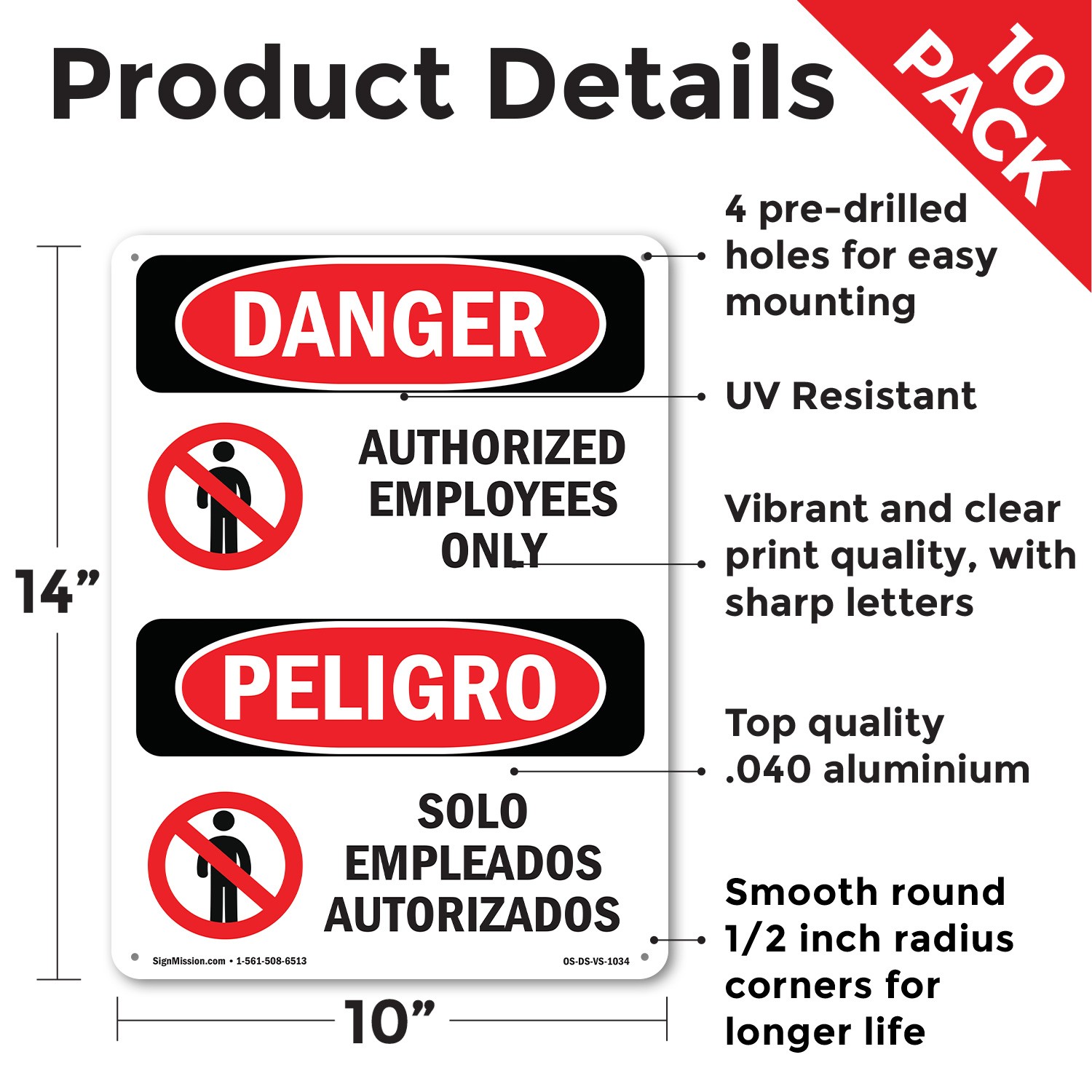 Authorized Employees Only Bilingual OSHA Danger Sign Or Decal – 5 or 10 Pack