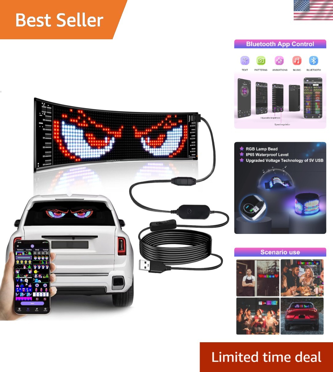 Programmable LED Car Sign with Bluetooth Control – 15&Prime; x 4&Prime; for Custom Displays
