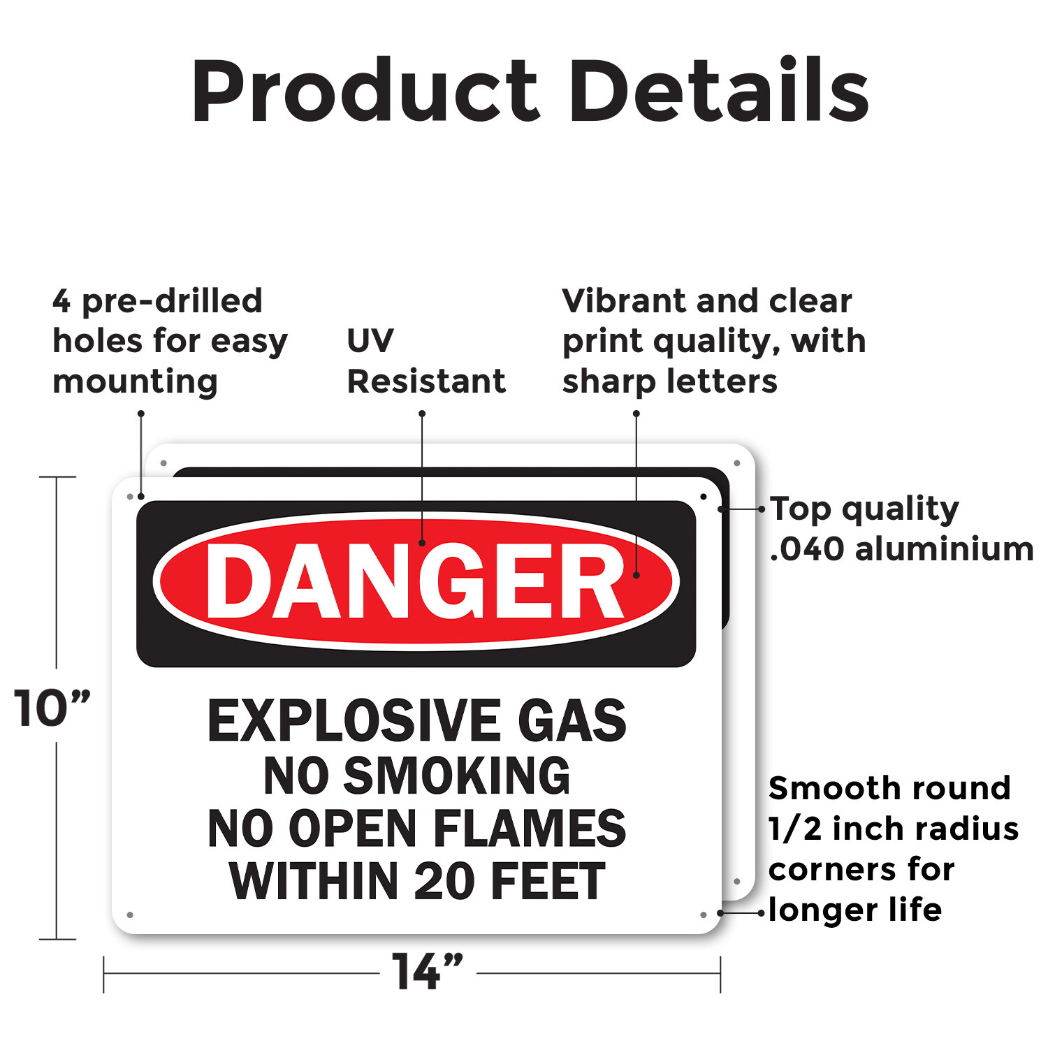 (2 Pack) Explosive Gas No Smoking or Open Flames Within 20 Feet OSHA Danger Sign