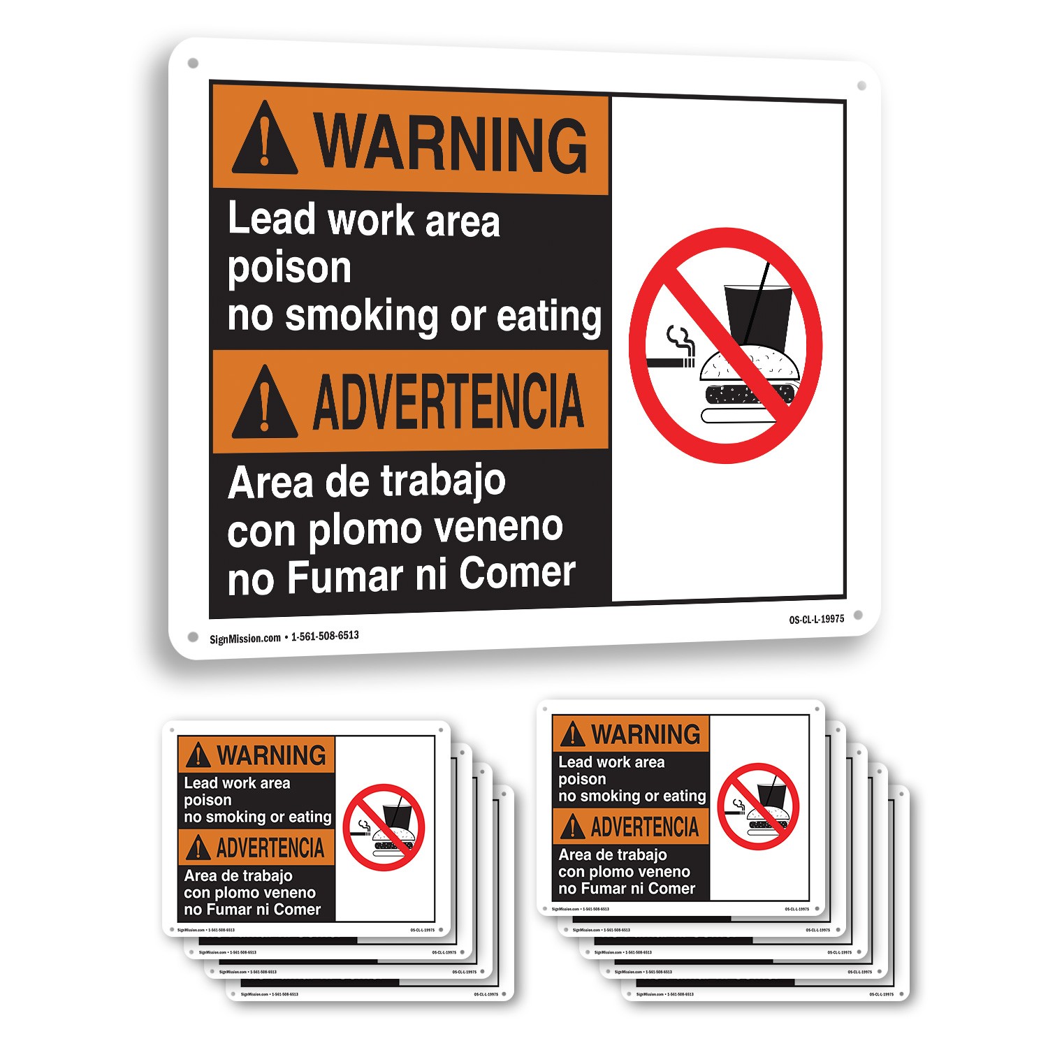 Warning Lead Work Area Poison No Smoking (Bilingual Spanish) OSHA Sign 5/10 Pack