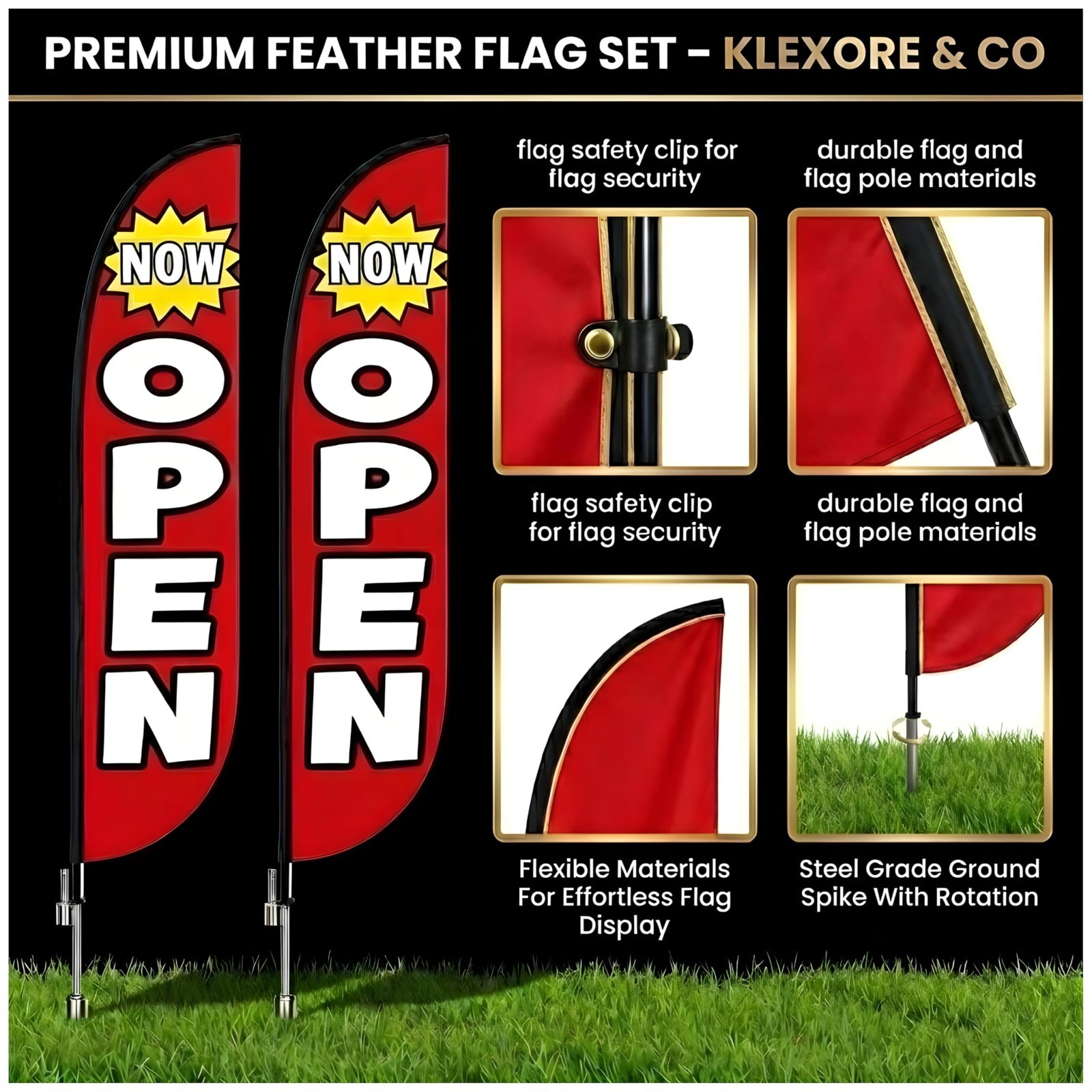 15ft Feather Flag Pole Kit – 2 Pack with 12ft Open Flags for Business Advertisin