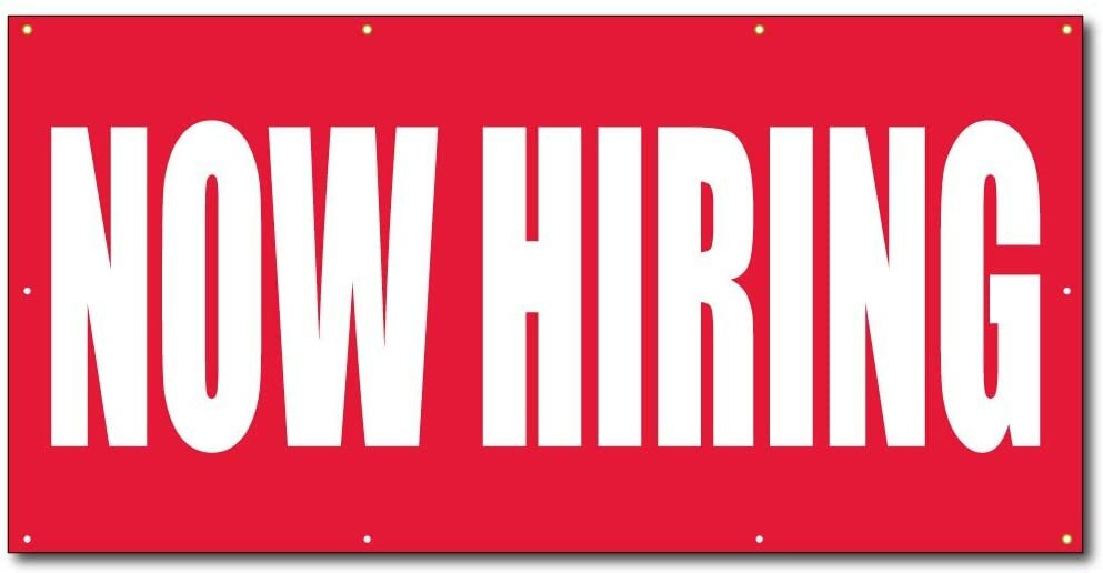 Now Hiring Banner and Sign Set, 2×4 Banner, 2 18×24 Signs, Red and White