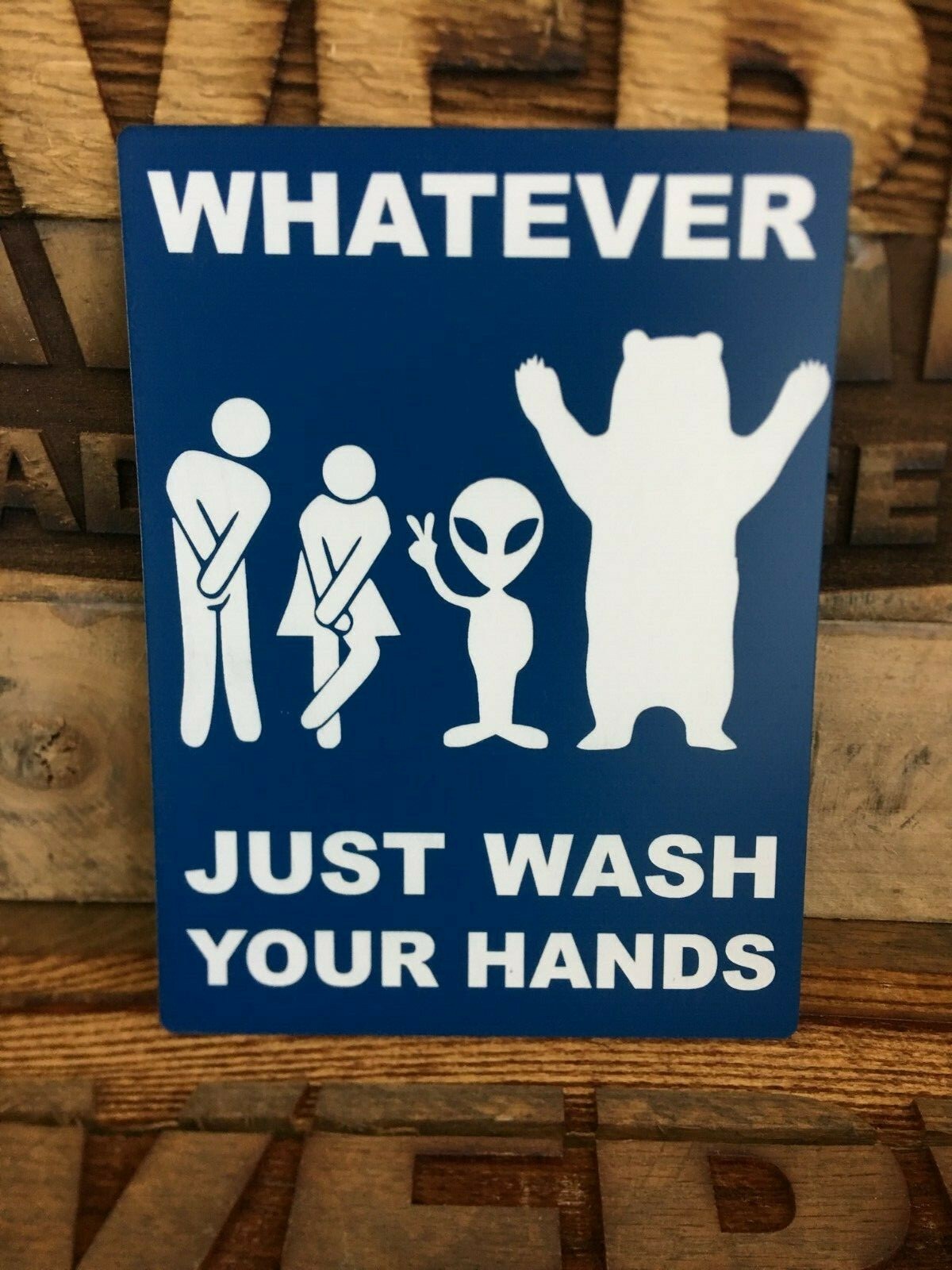 All Genders Bathroom Sign, Aliens & Bears Blue/White, 6&Prime;x8&Prime;