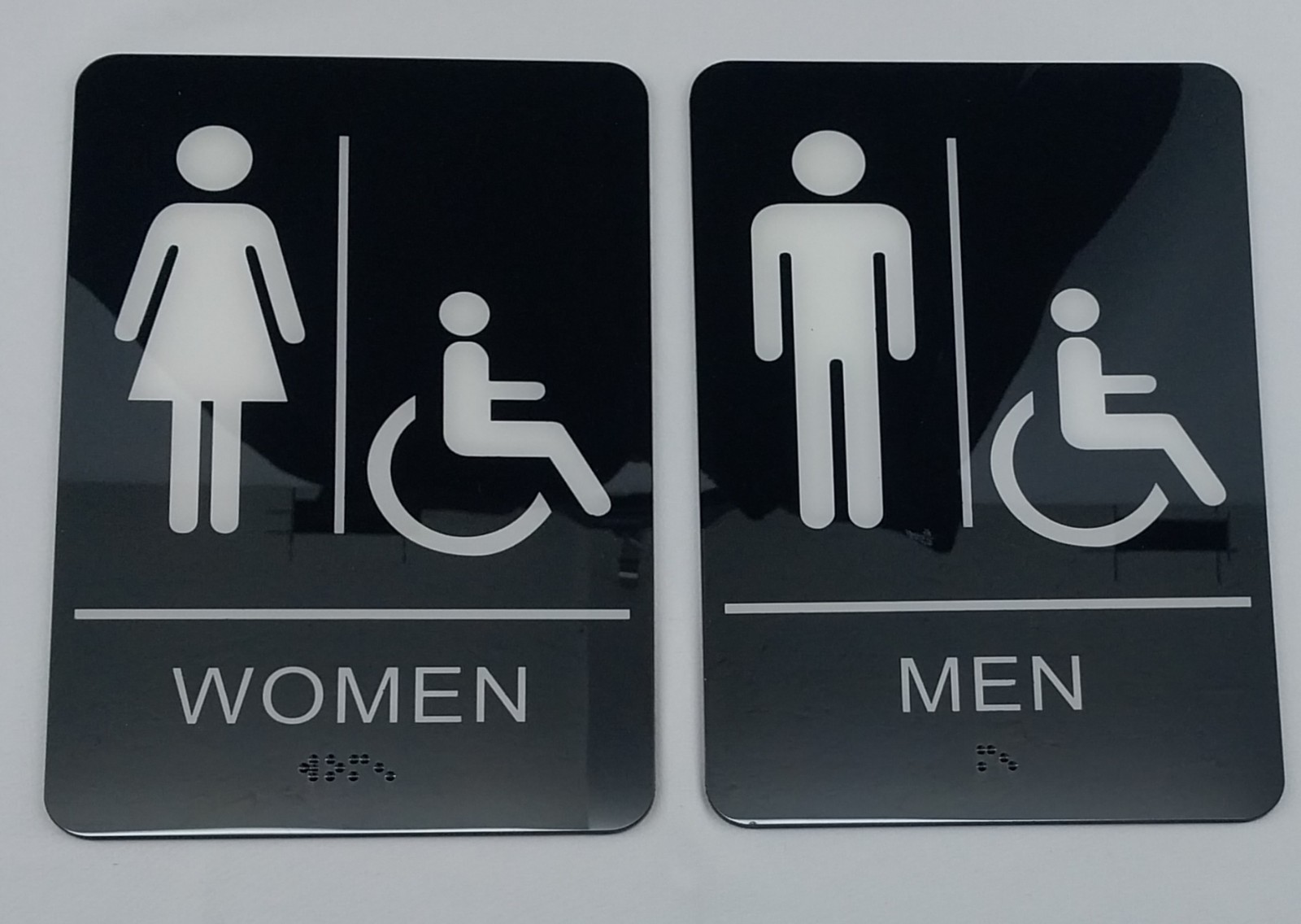 Men + Women Restroom Sign ADA Braille Self Adhesive with 3M Tape 9&Prime; x 6&Prime; 3M Tape