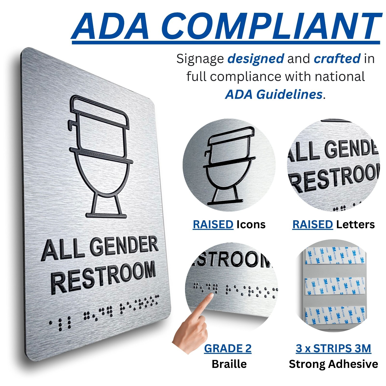 ADA Compliant, Restroom Signs, Brushed Aluminum with Braille text 6&Prime;x9&Prime;
