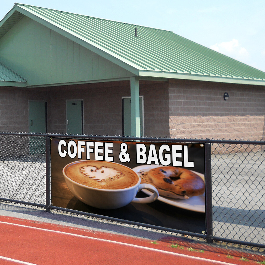 Vinyl Banner Multiple Sizes Coffee and Bagel Food Fair Restaurant Cafe Market