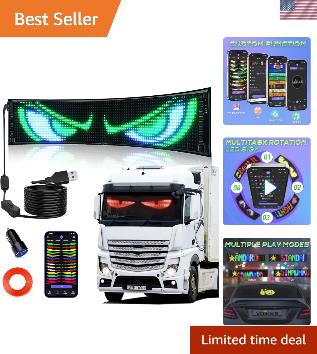 23&Prime;x5&Prime; Devil Eyes LED Car Sign – Bluetooth Control Custom Messages & Animations