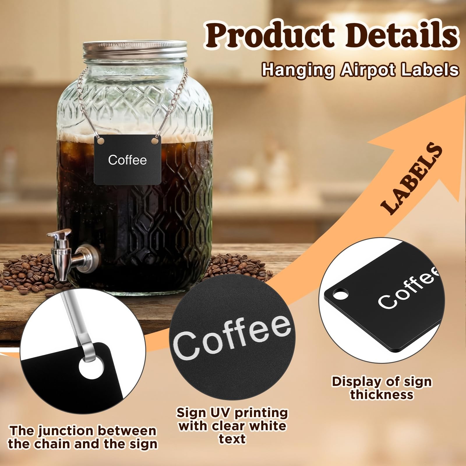 6 Pack Hanging Coffee Labels Airpot Labels Chain Signs, 2.36&Prime; x 1.77&Prime; Acrylic…