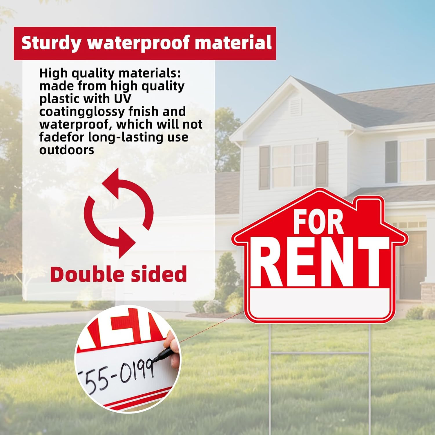 For Rent Sign with Stakes, 1-Pack 17&Prime;X13&Prime; Double-Sided Signs, Corrugated Plastic