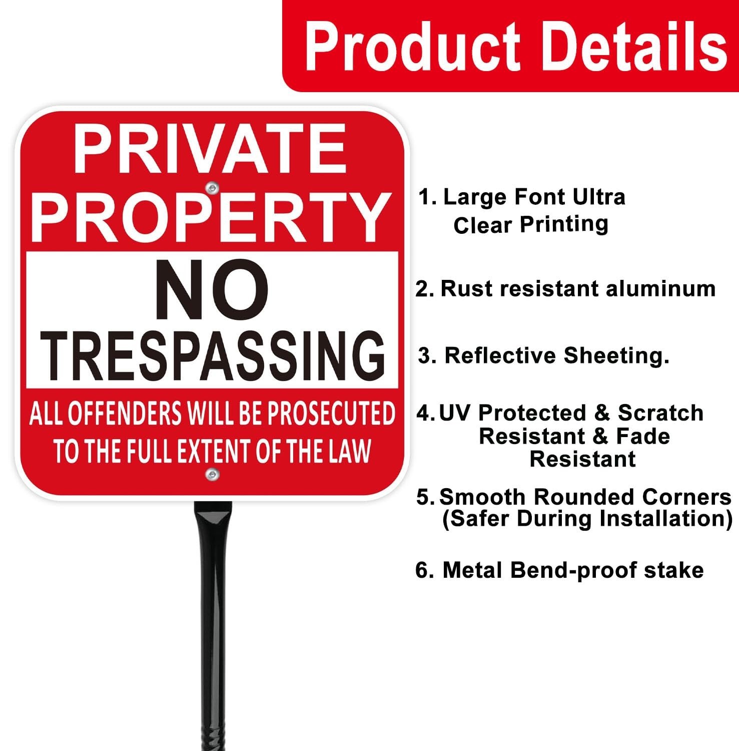 No Trespassing Sign with Metal Stakes – 12×12 Inch Red Aluminum, Weather Resista