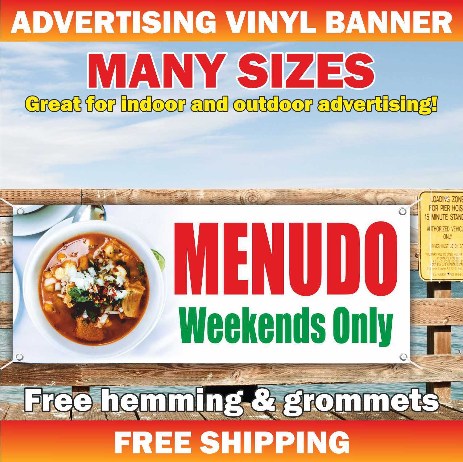 MENUDO Weekends Only advertising Banner Vinyl Mesh Sign Mexican Food Buffet Taco