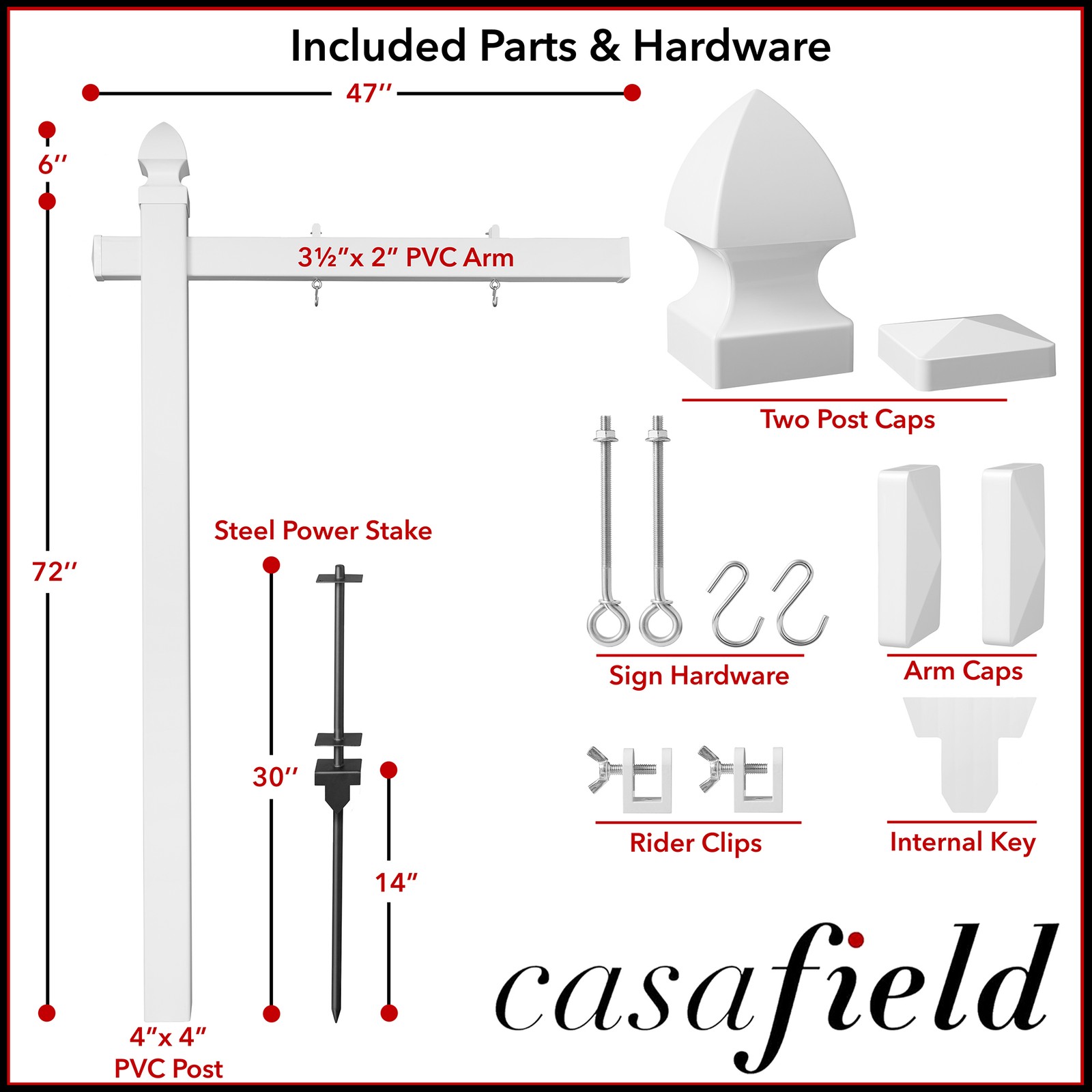 72&Prime; x 47&Prime; Real Estate Yard Sign Post with 2 Cap Options – Vinyl PVC – White –