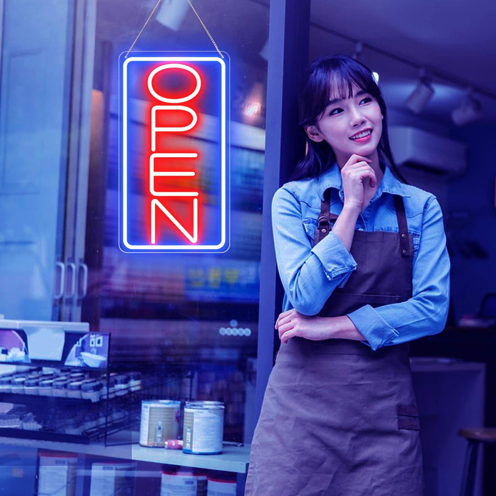 16.5&Prime; X 9&Prime; Led Neon Open Signs 16.5×9 inch with AC Adapter, Blue/Red-Vertical