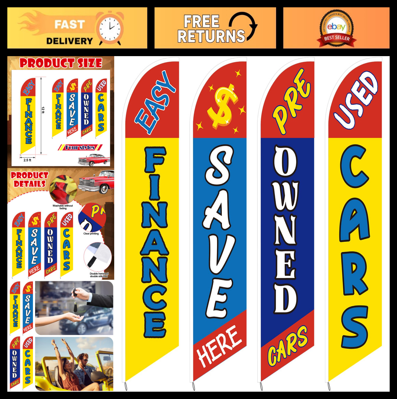 12ft Windless Swooper Flags – 4 Pcs Used Cars Advertising for Auto Sales