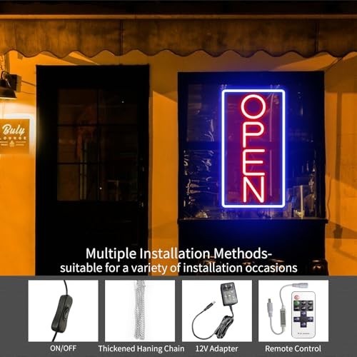 Ultra Bright LED Neon Open Sign for Storefront, Window, Door – 32&Prime; Vertical, ON/