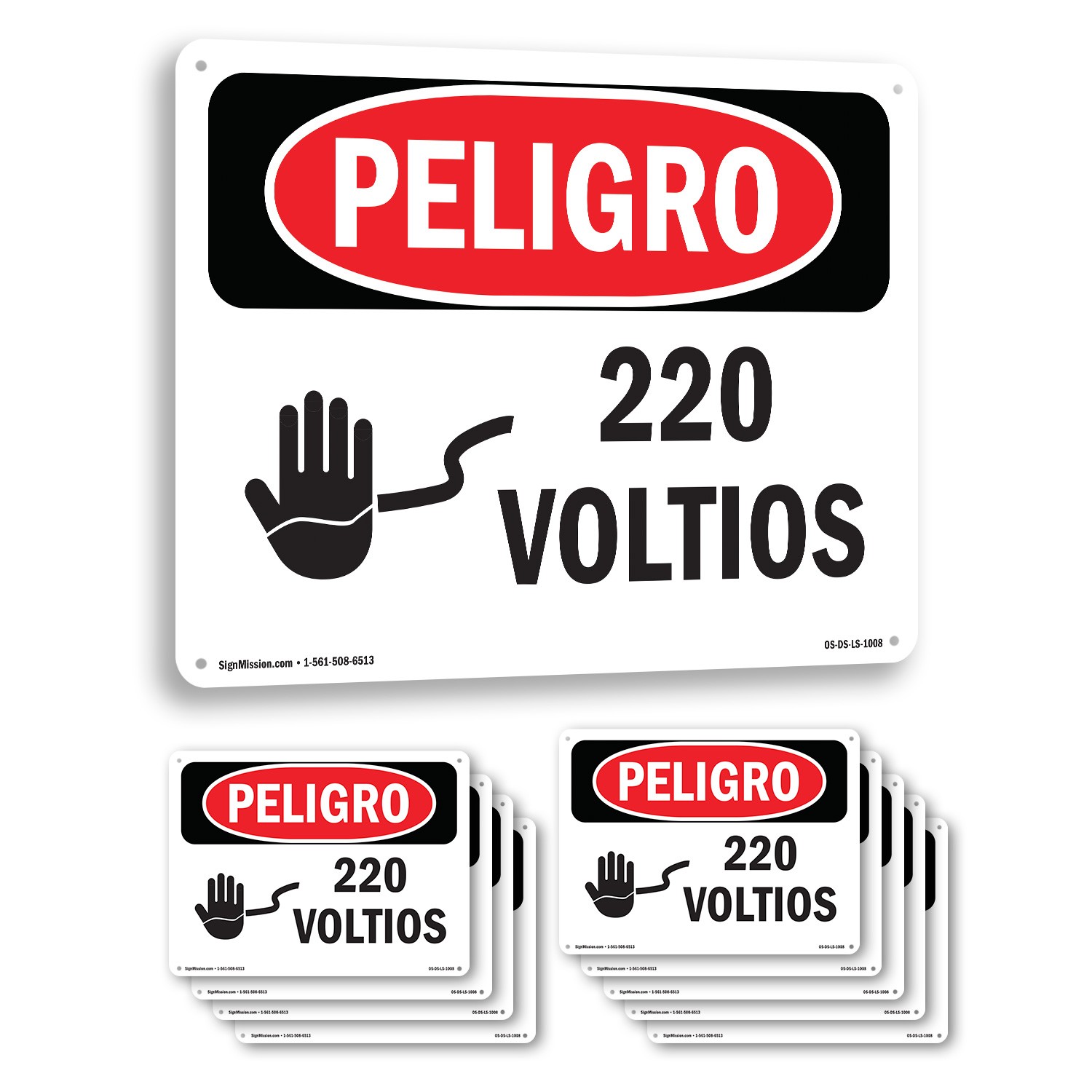 220 Volts Spanish OSHA Danger Sign Metal, Plastic, Or Decal – 5 or 10 Pack
