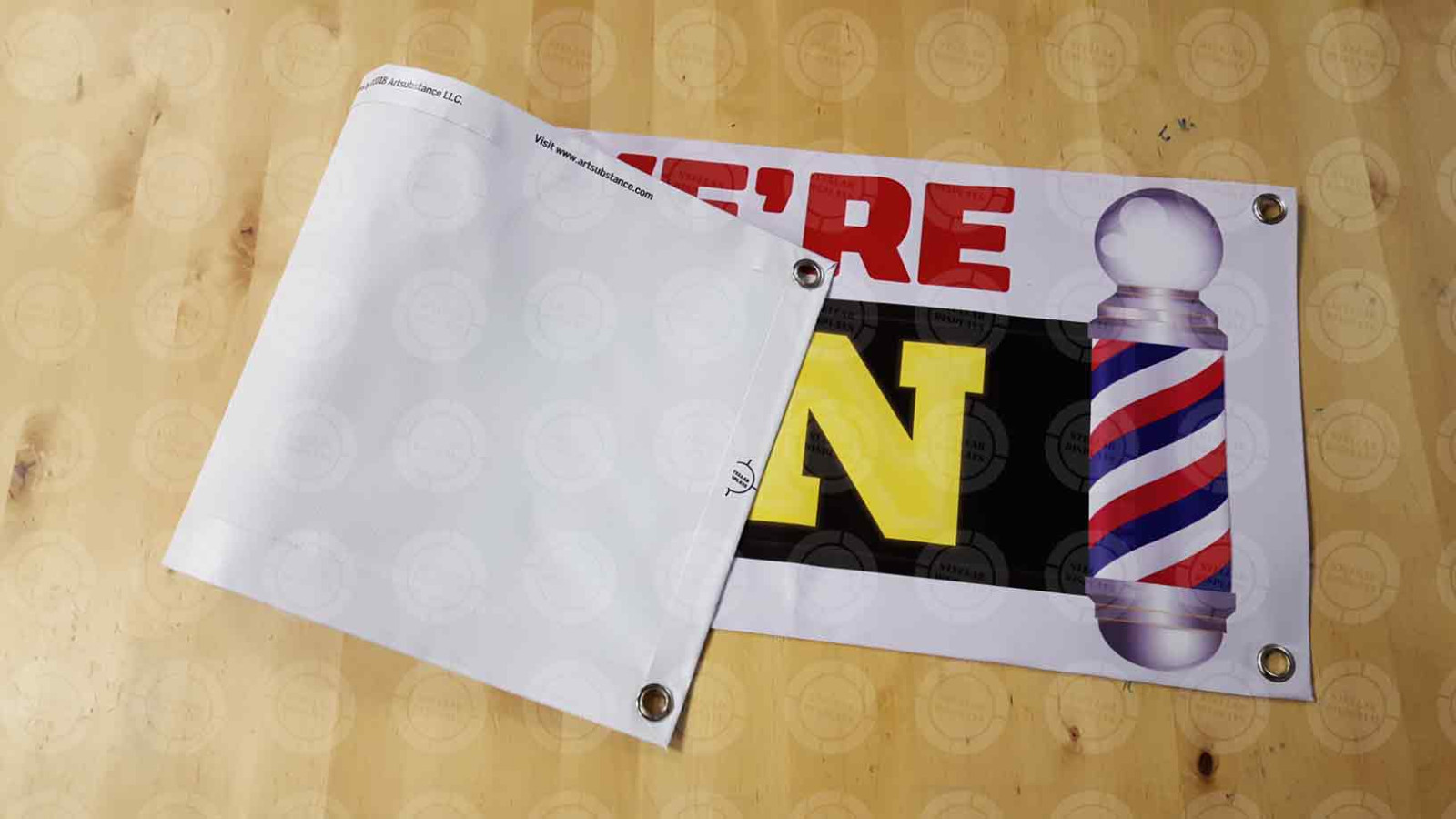 YES WE&rsquo;RE OPEN Banner Barbershop On Duty Sign Hiring Display Barber Pole Cheap