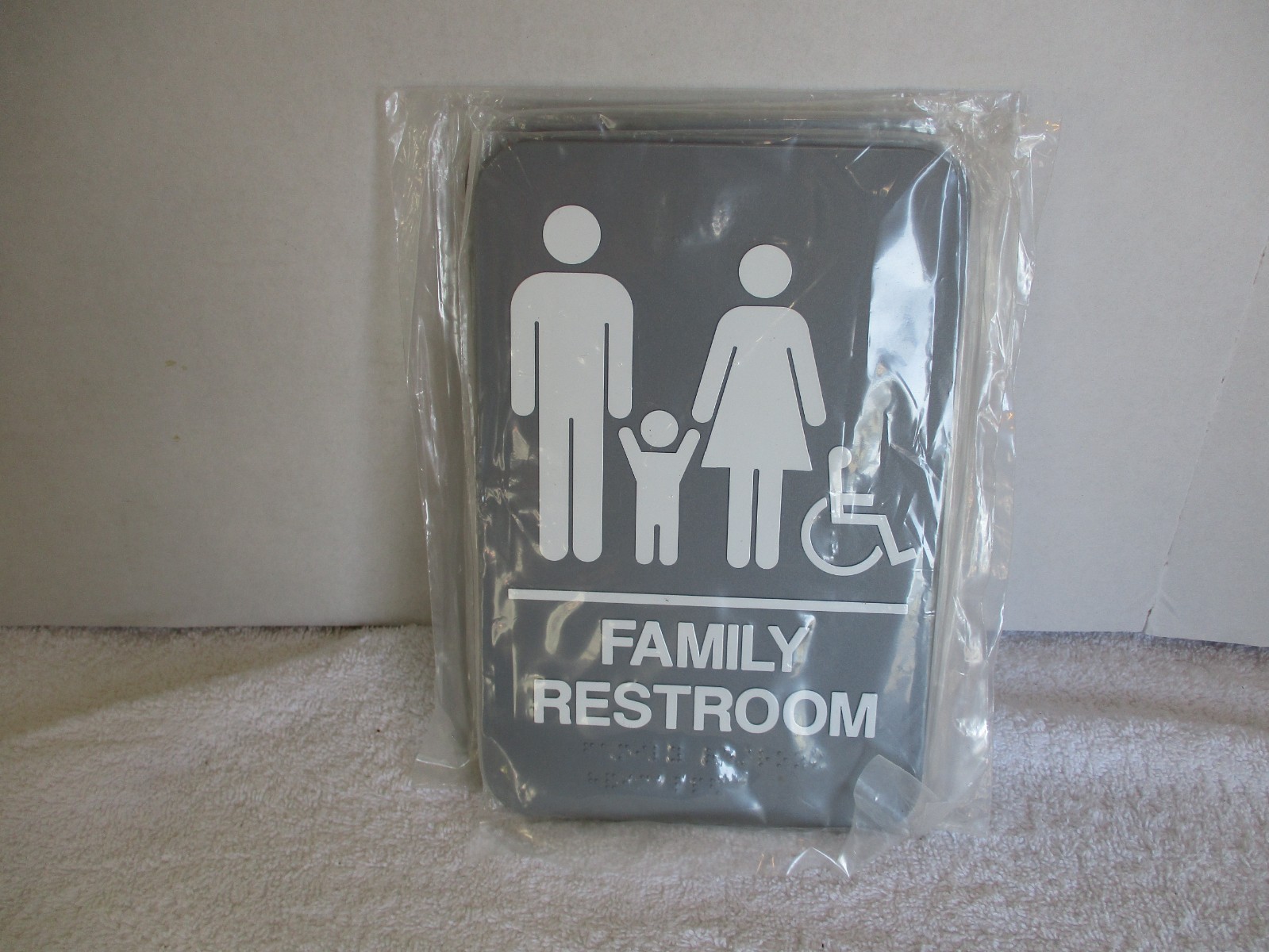 LOT OF 5 BATHROOM SIGNS ADA BRAILLE ADHESIVE GRAY FAMILY RESTROOM