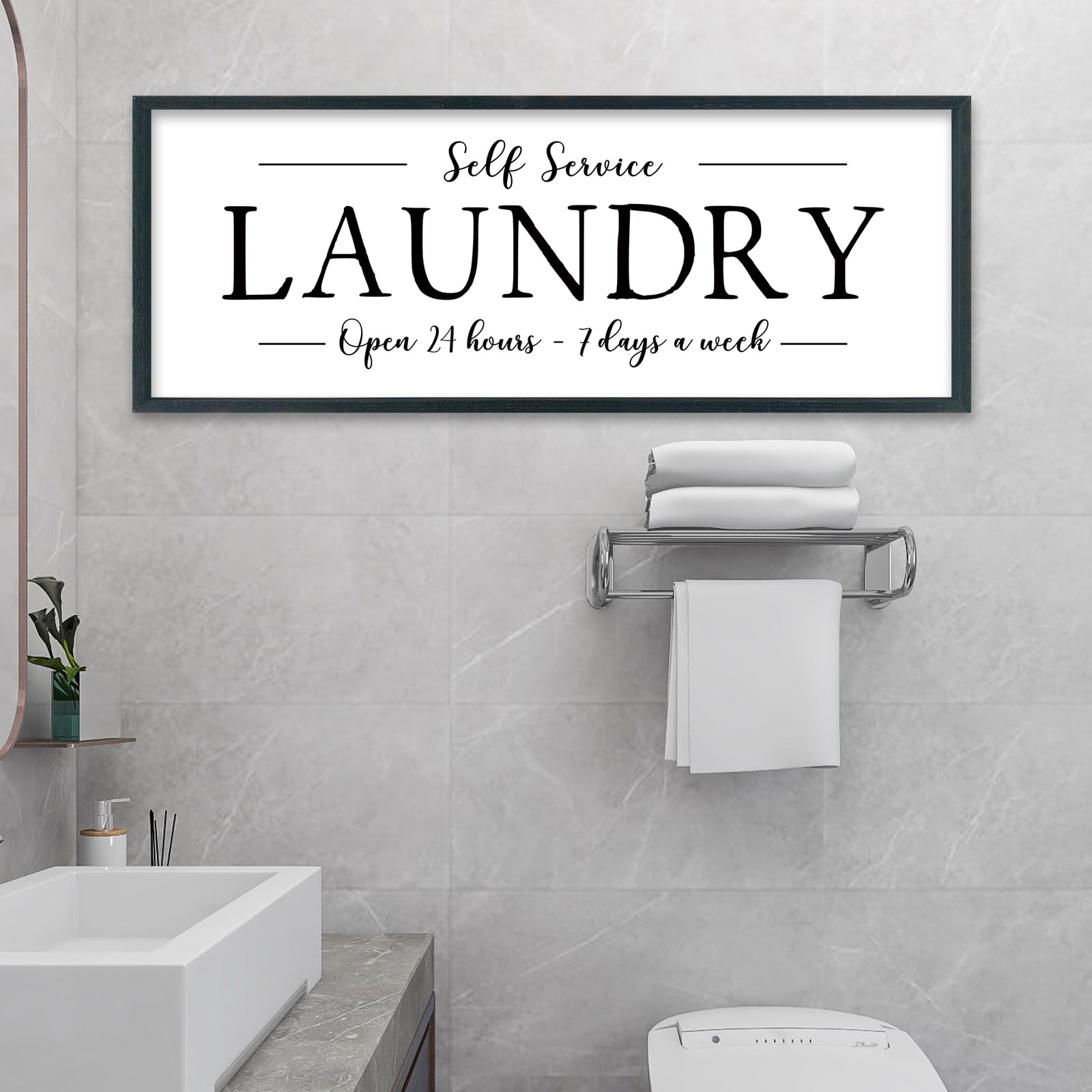Framed Laundry Room Sign, 32 x 12 Inch Self Service Open 24 Hours Farmhouse W…